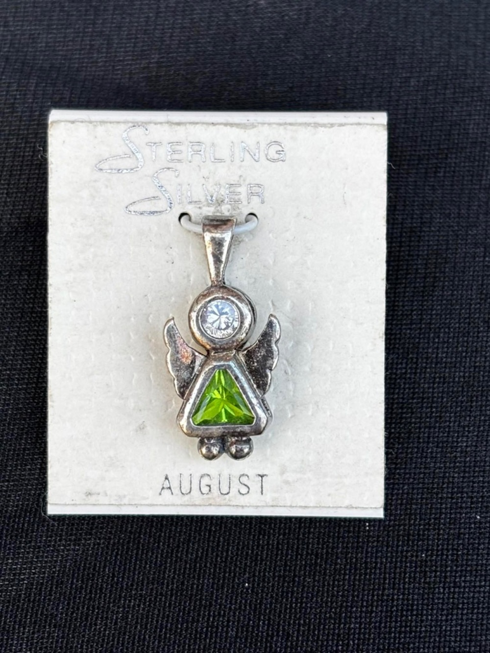 Sterling Silver Birthstone August Angel Pendant Charm Green Cubic Zirconia Stone